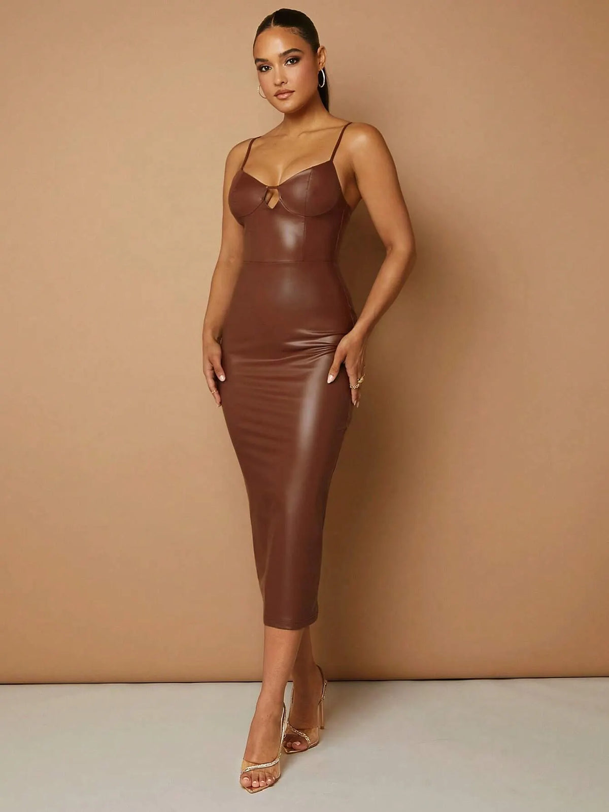 Vestido Midi Em Couro Marrom Lara