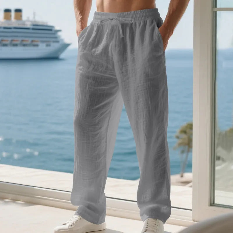 Herren lockere Sommerhose aus leichtem Leinenmaterial mit elastischem Bund und Seitentaschen