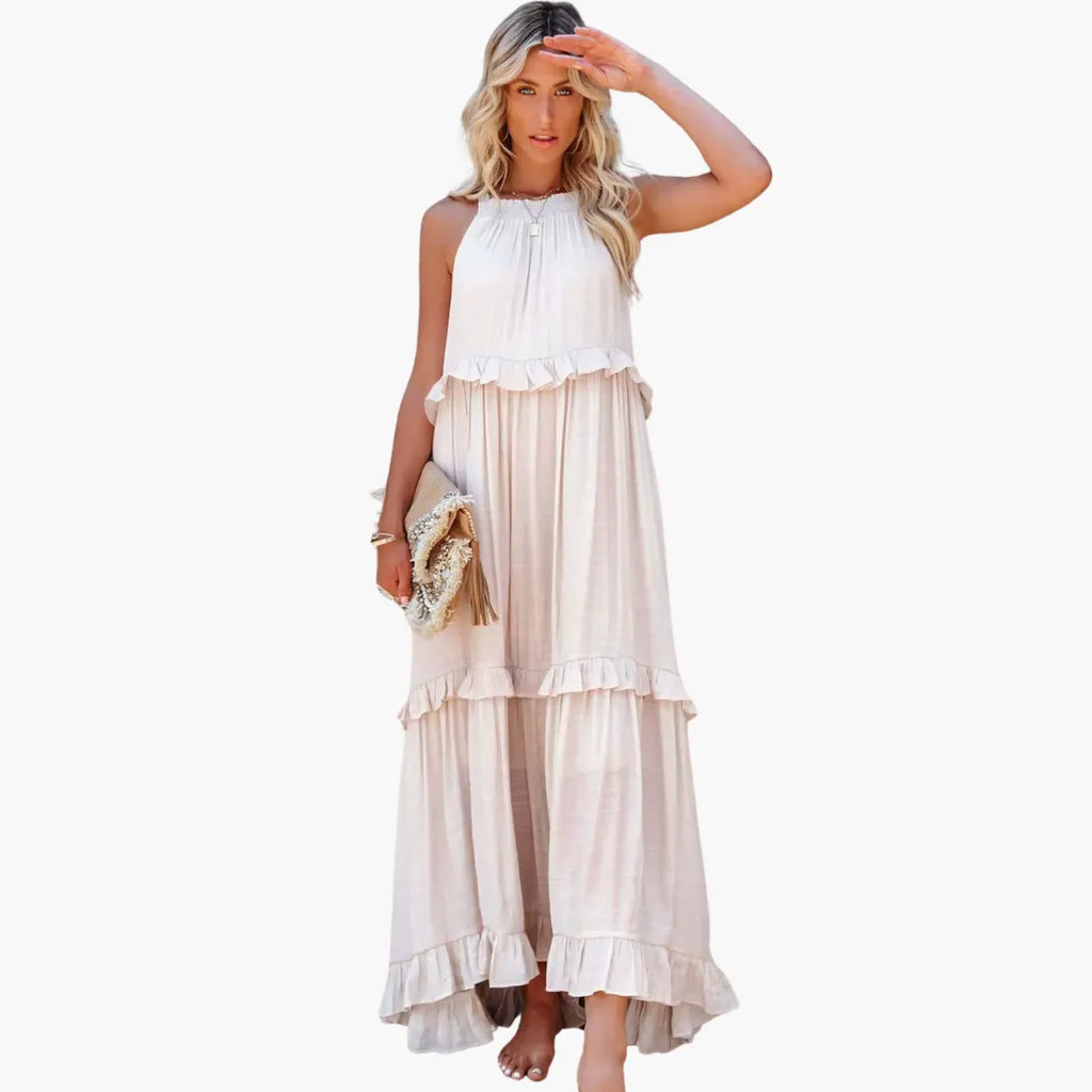 Womenâs Maxi Dress with Cascading Ruffle Tiers and Adjustable Straps