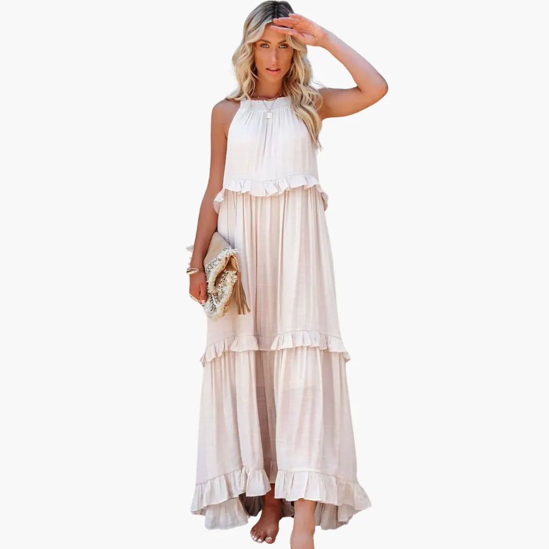 Womenâs Maxi Dress with Cascading Ruffle Tiers and Adjustable Straps