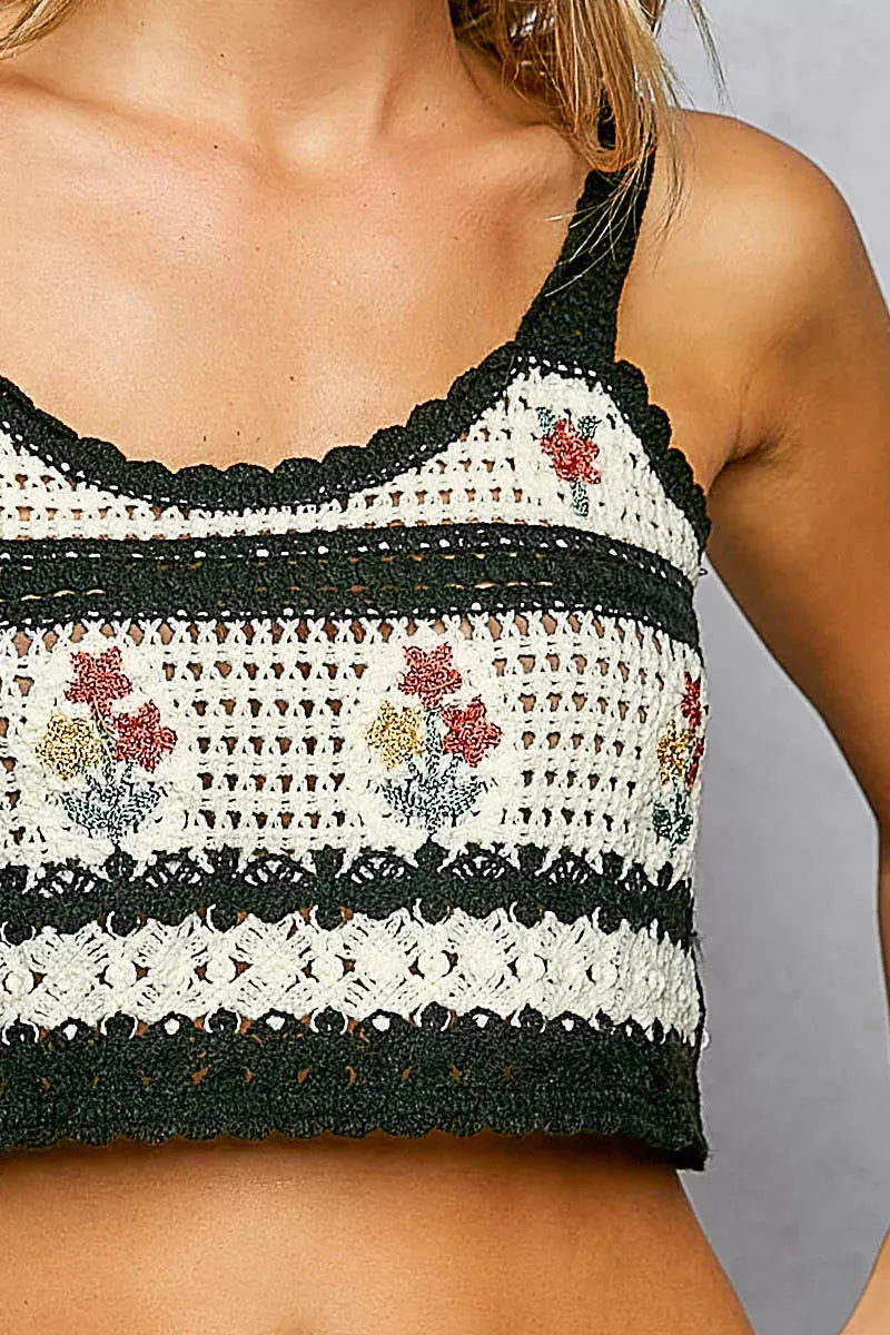 POL Floral Embroidered Cropped Crochet Cami with Scalloped Hem