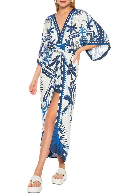 V Neck Kimono Sleeves Tie Waist Printed Wrap Dress