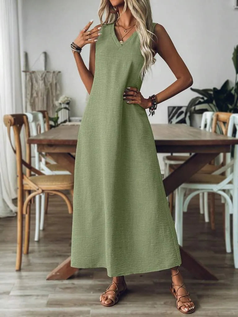 Vestido Longo Mangas com Decote Entalhado Verde