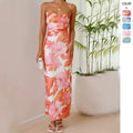 Chicest Off Shoulder Back Slit Ruched Mesh Overlay Print Maxi Dress