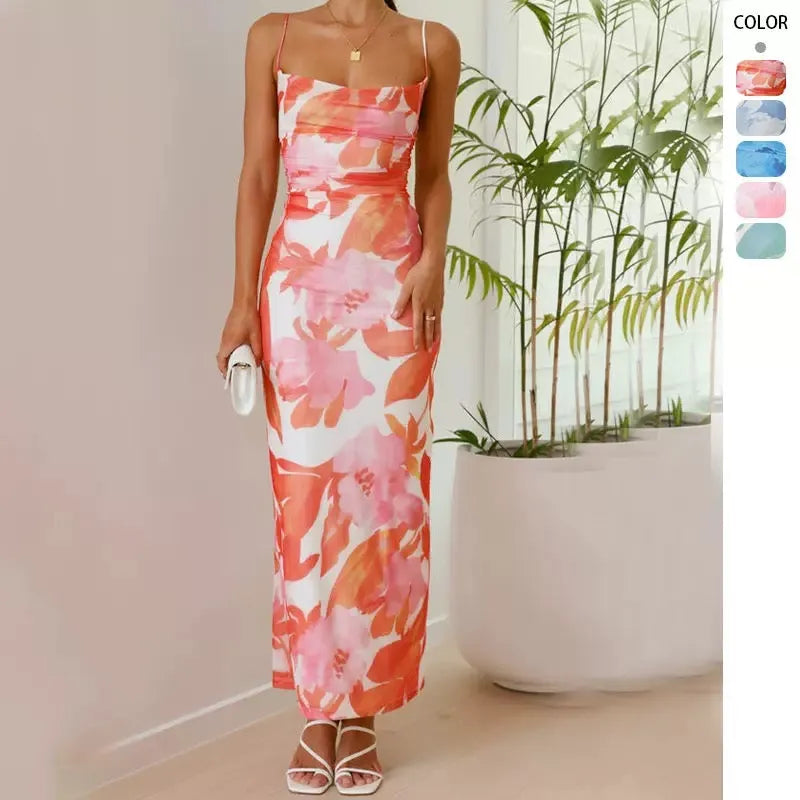 Chicest Off Shoulder Back Slit Ruched Mesh Overlay Print Maxi Dress