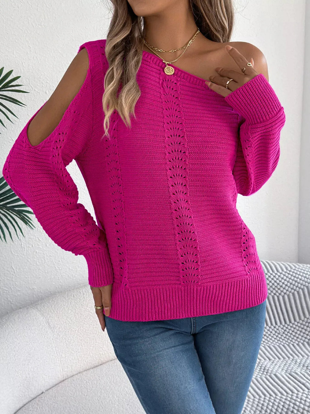 Openwork One Shoulder Cutout Long Sleeve Sweater