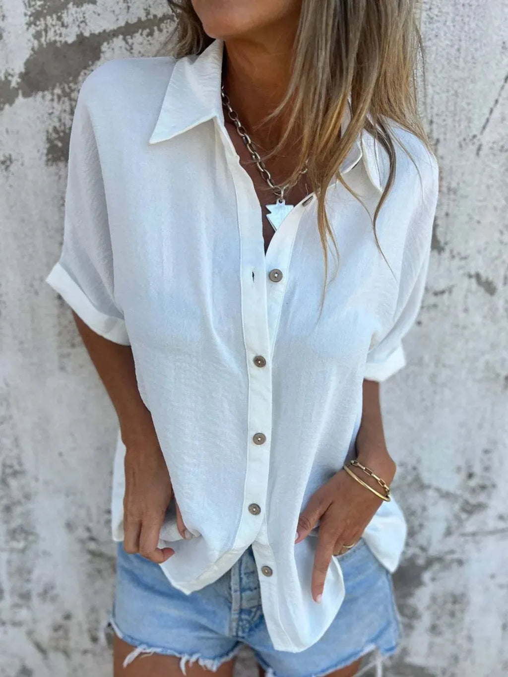 Full Size Collared Neck Half Sleeve Shirt Plus Size