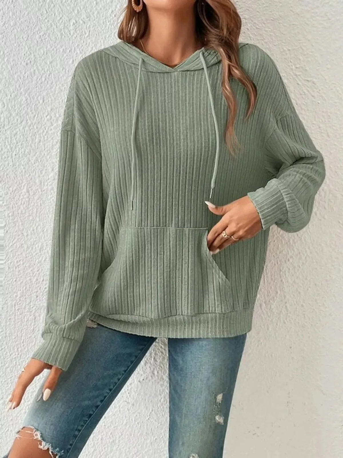 Casual Ribbed Knit Drawstring Hoodie