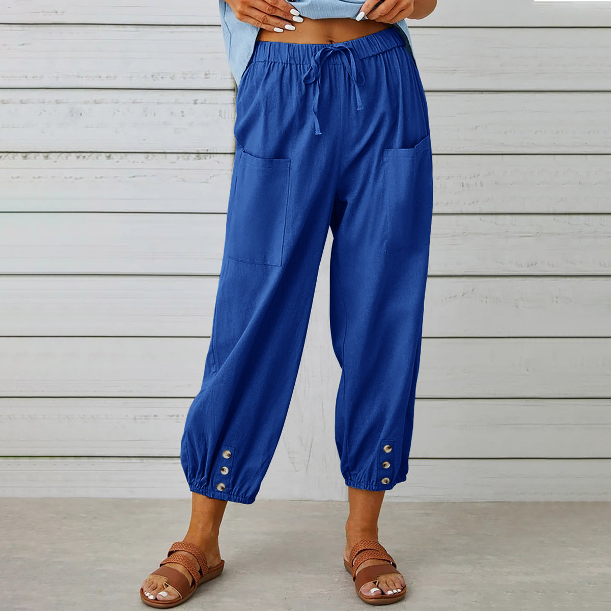 Solid Color Casual With Pocket Buttons Cotton Linen Trousers