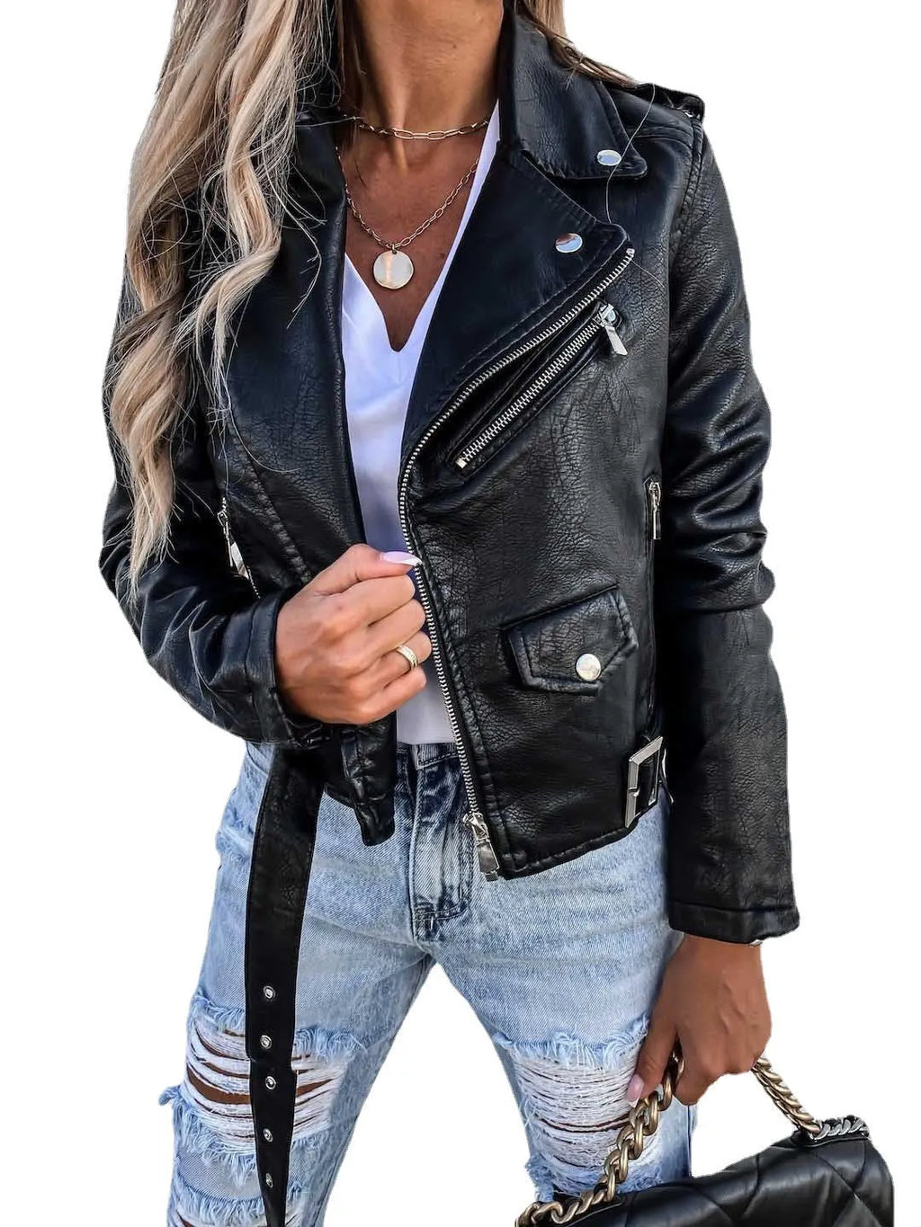 -PU-Ledermantel Kurzer Reißverschluss-Jacke