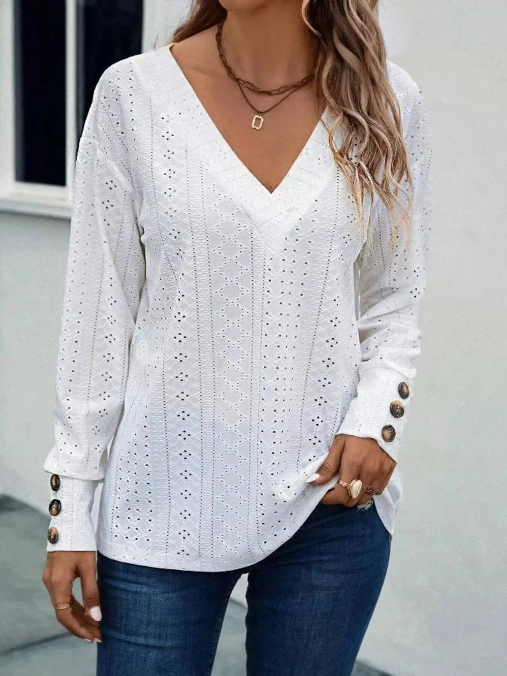 Eyelet V-Neck Long Sleeve Blouse