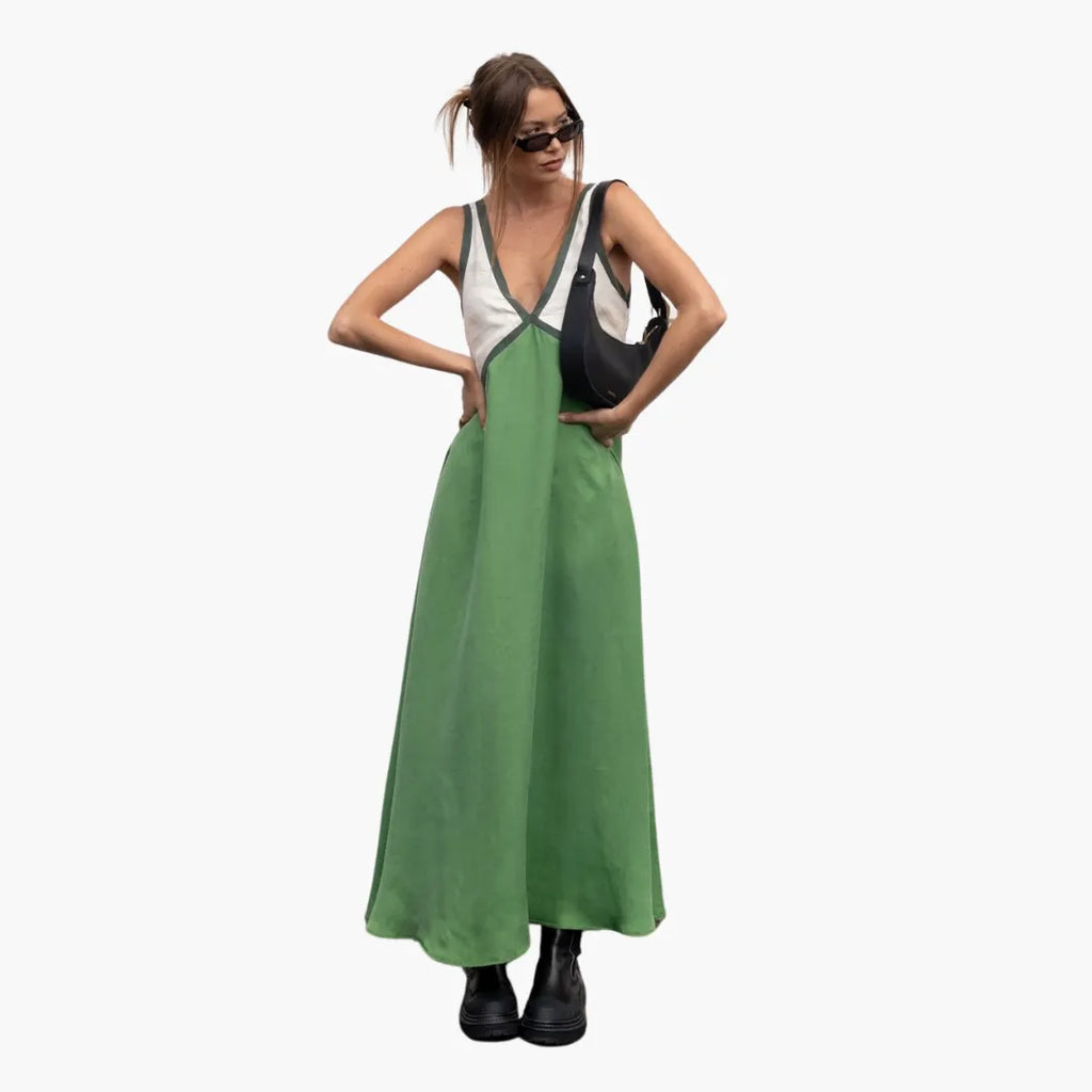 Womenâ€™s Maxi Dress with V-Neck and Colour-Block Design