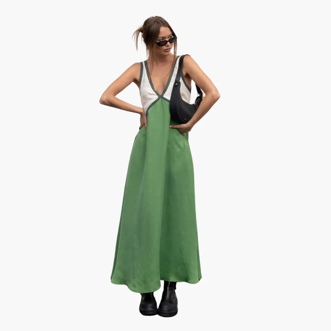 Womenâ€™s Maxi Dress with V-Neck and Colour-Block Design