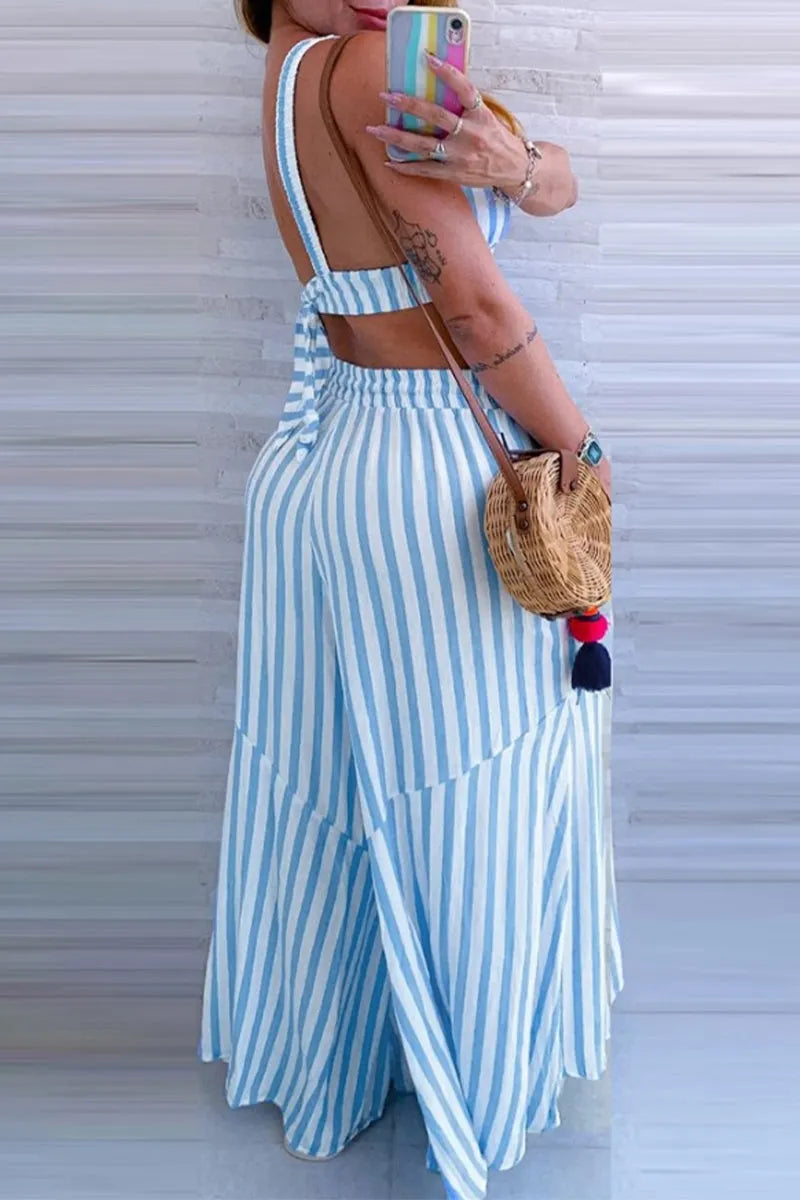 Sexy Street Stripe Pocket Lace Up Ruffle V Neck Sleeveless Two Pieces