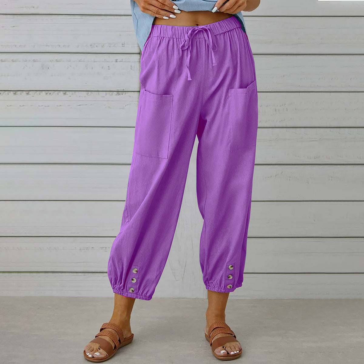Solid Color Casual With Pocket Buttons Cotton Linen Trousers