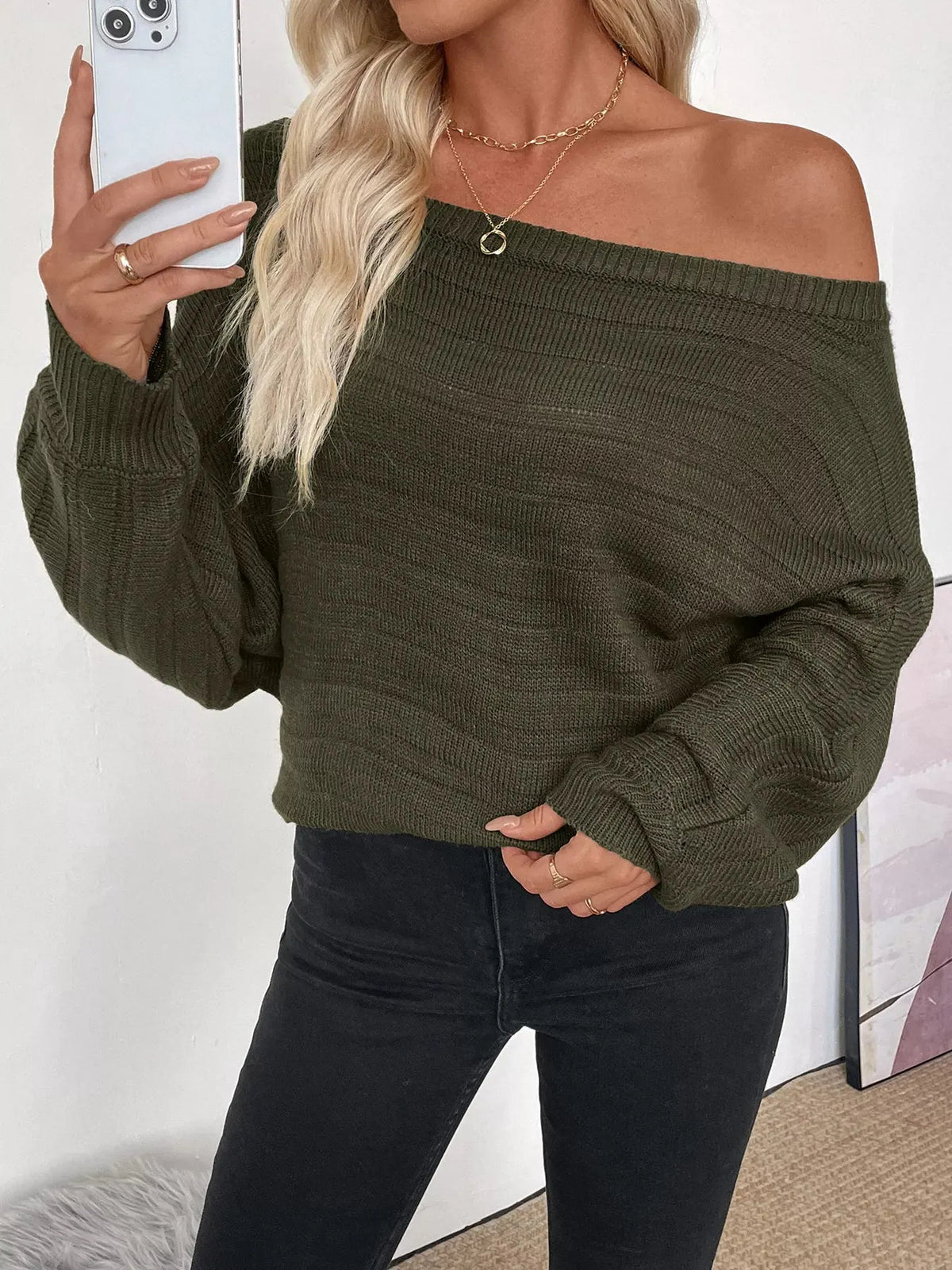 Boat Neck Ribbed Long Sleeve Sweater