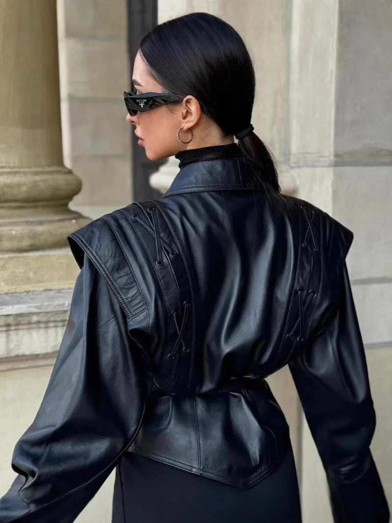 Trendy Black PU Leather Women's Blazer with Belt