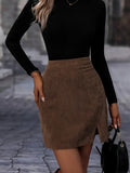 Chic Brown Corduroy Women's Mini Skirt with Slit and High Waist