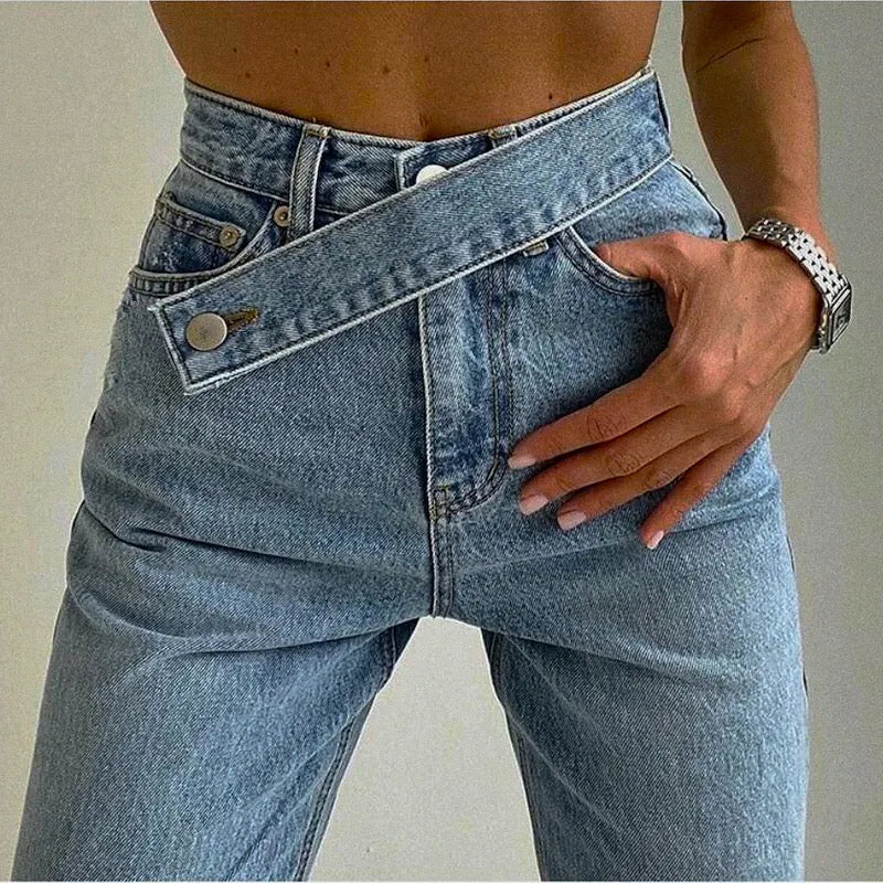GIORGIA | Dames Jeans Met Hoge Taille En Asymmetrische Riem – Comfortabel, Eigentijds & Ultra-Flatterend