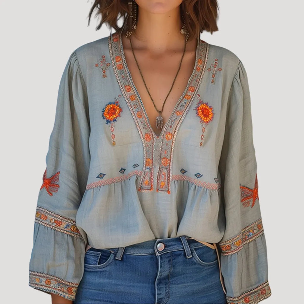 Bohemian women's blouse with floral embroidery and V-neck collar