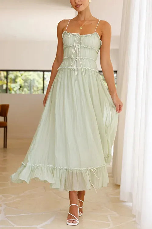 Frill Trim Lace Up Ruched Maxi Cami Dress