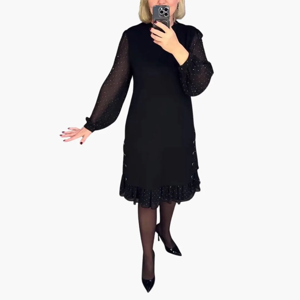 Women's Knee-Length Dress with Sheer Sleeves and Ruffle Hem