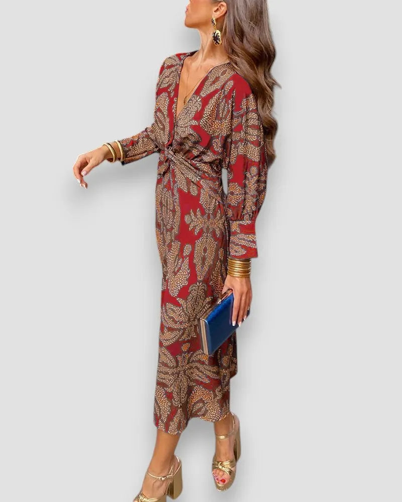 Bedrucktes Langarmkleid – V-Ausschnitt mit Knotendetail