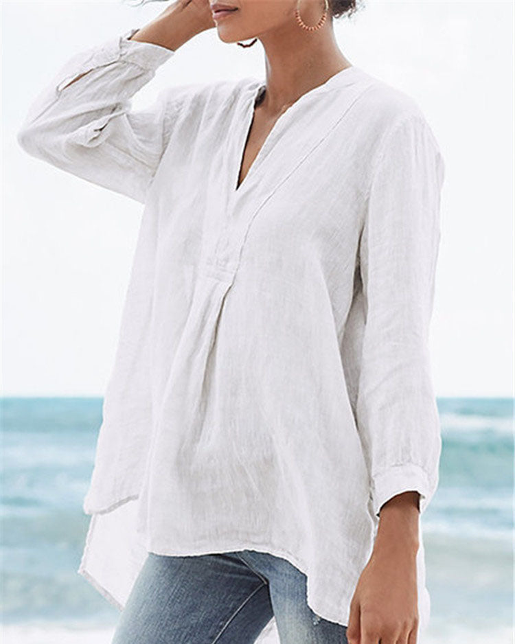 Fashion Linen Solid Color Loose Shirt - S/5XL