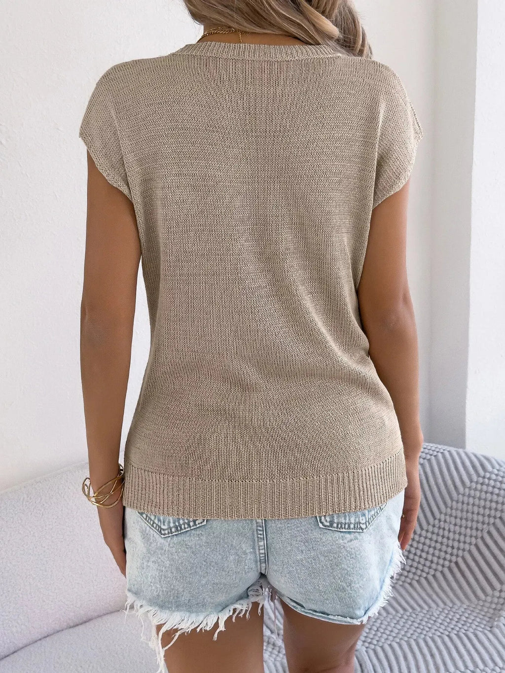 Cable Knit Openwork Cap Sleeve Sweater