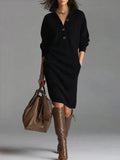 Women's Sweater Dress with Ribbed Knit and Button-Down Collar