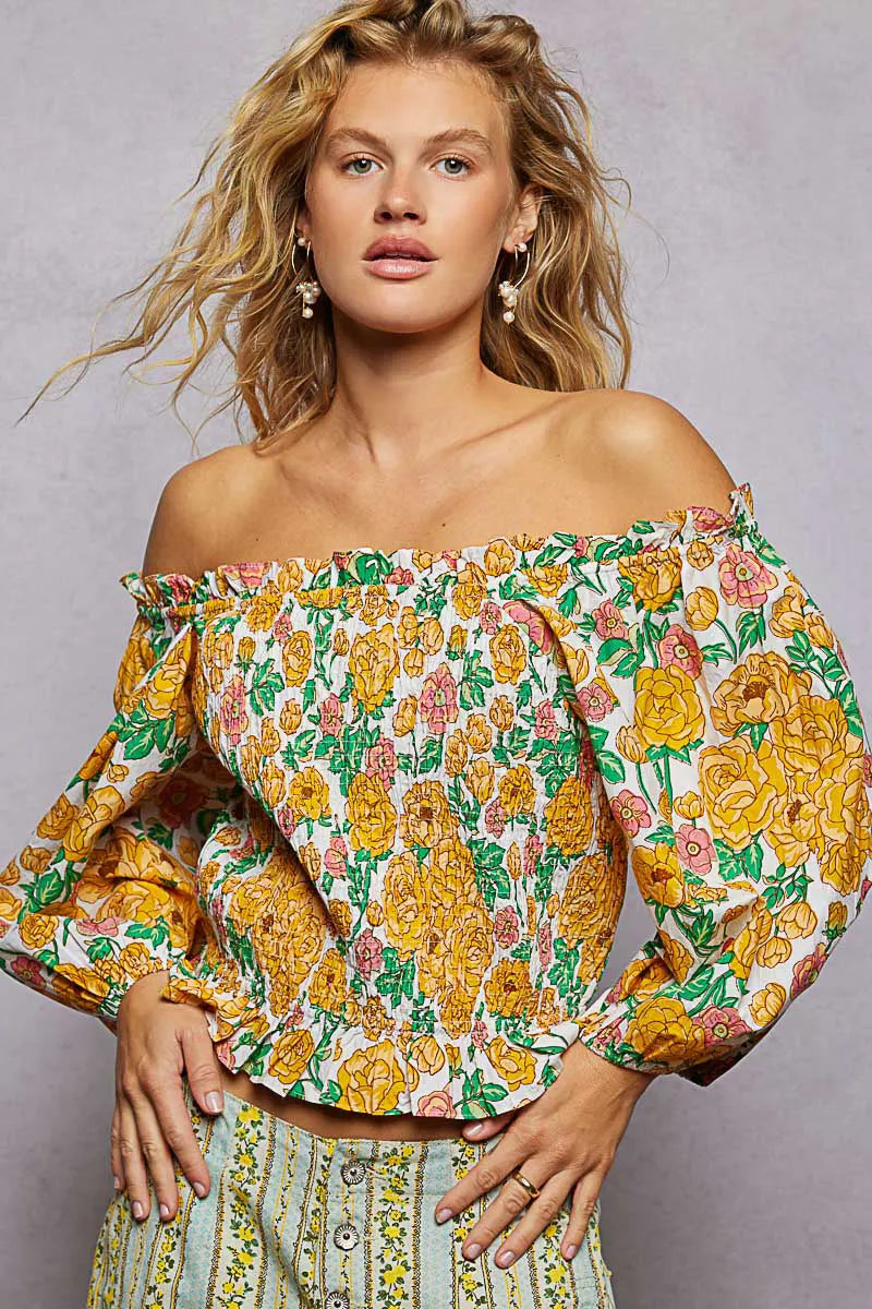 POL Floral Print Off-Shoulder Smocked Blouse