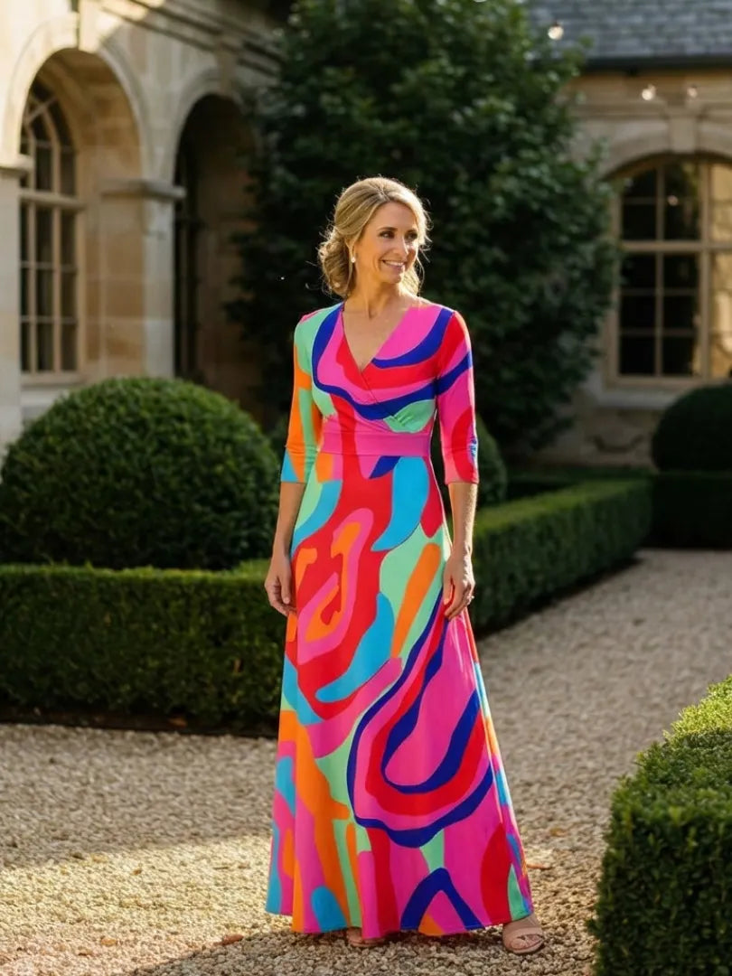 Naomi | Three Quarter Sleeve V Neck Abstract Maxi Dress