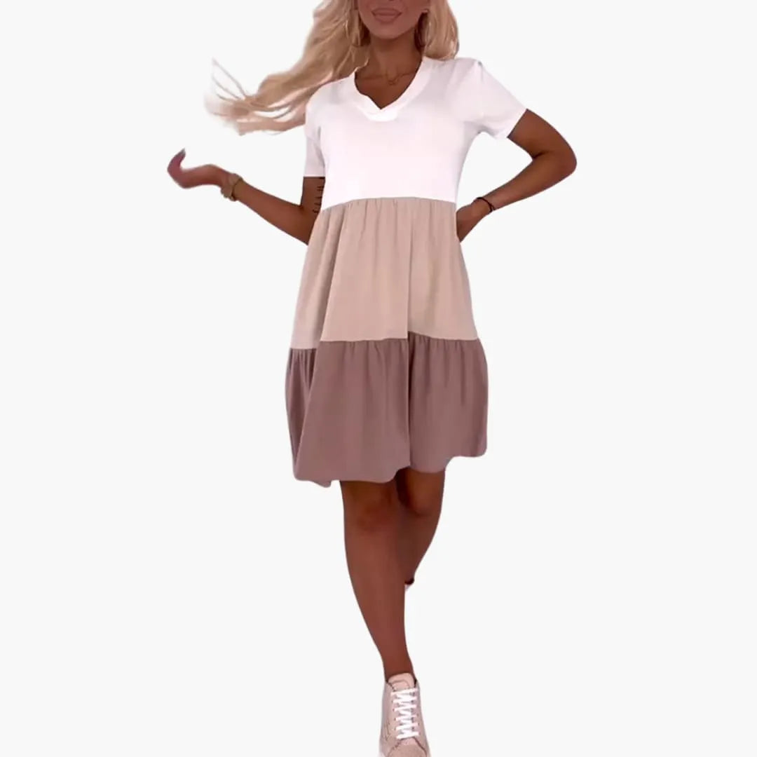 Womenâ€™s Dress with Short Sleeves and Colourblock Pattern