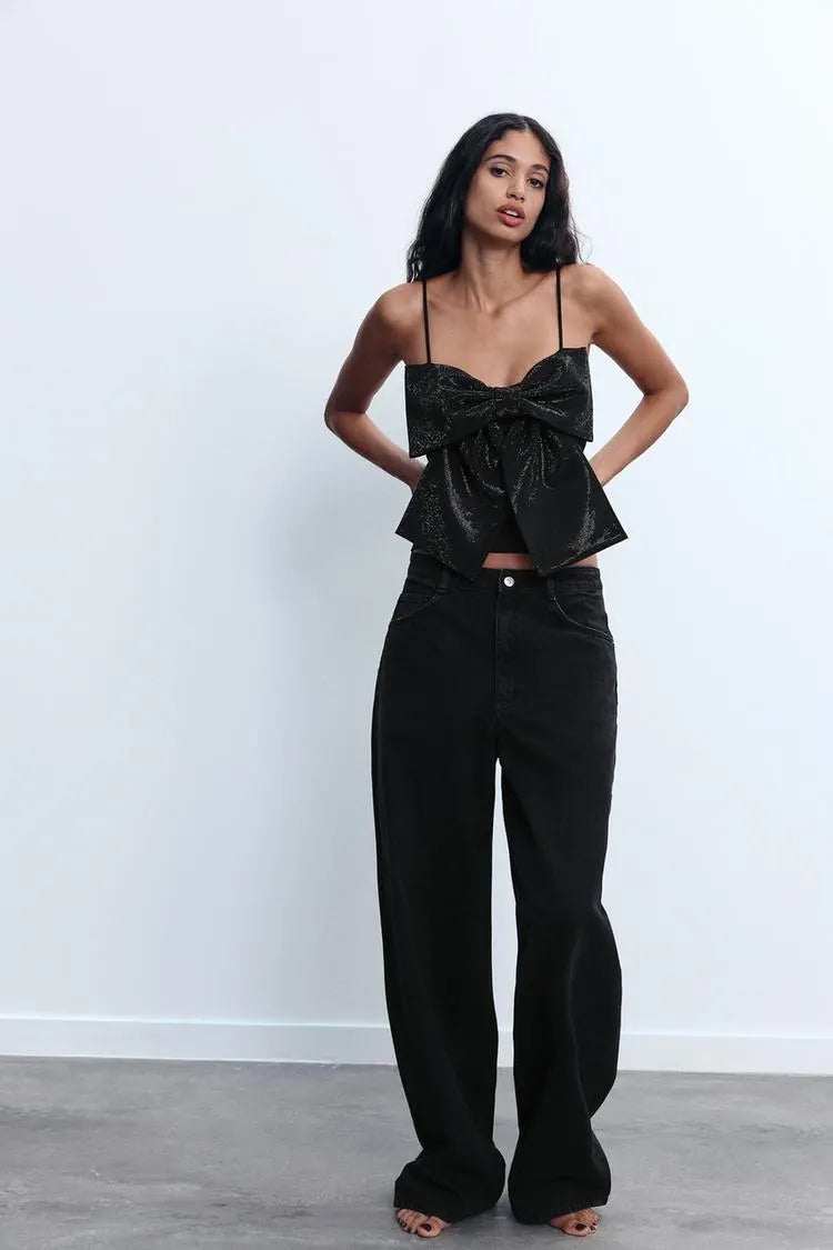 LOULOU | Zwarte Glitter Strik Top Voor Dames - Elegant, Feestelijk & Stralend