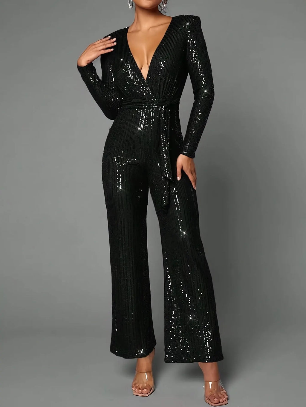Milia | Luxury Sequin Jumpsuit with Deep V-Neck