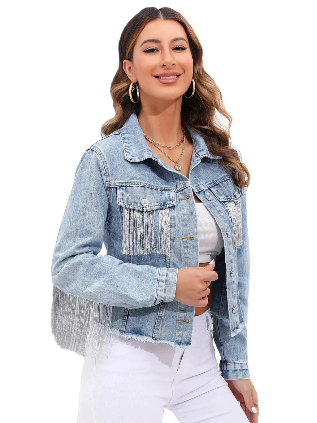 Denim Jacket for Women with Trendy Fringe and Casual Look