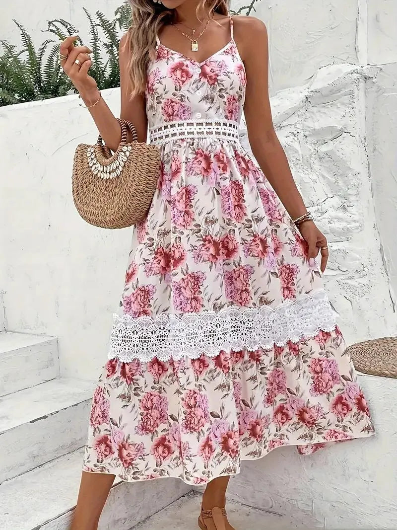 Geblümtes Midi-Kleid mit Spitze