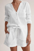 Casual Simplicity Solid Pocket Buttons Fold V Neck Long Sleeve Two Pieces