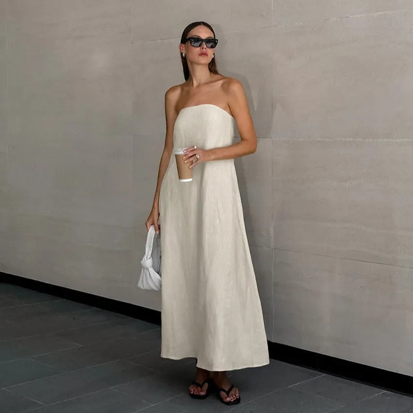 ELODIE | Lange Strapless Jurk Van Linnen-Katoen â€“ Luchtig, Natuurlijk, Elegant