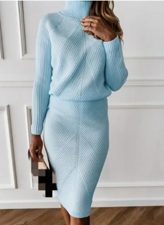 Elegant Knitted Women's Set with Turtleneck and Midi Skirt