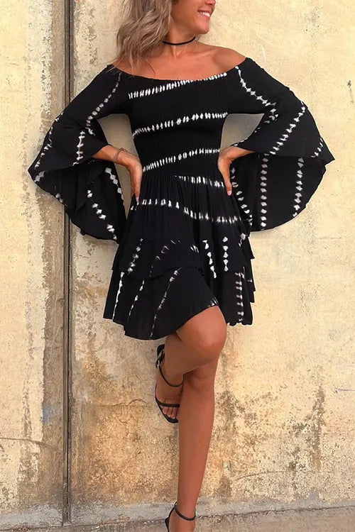 Off Shoulder Bell Sleeve Tie Dye Mini Dress