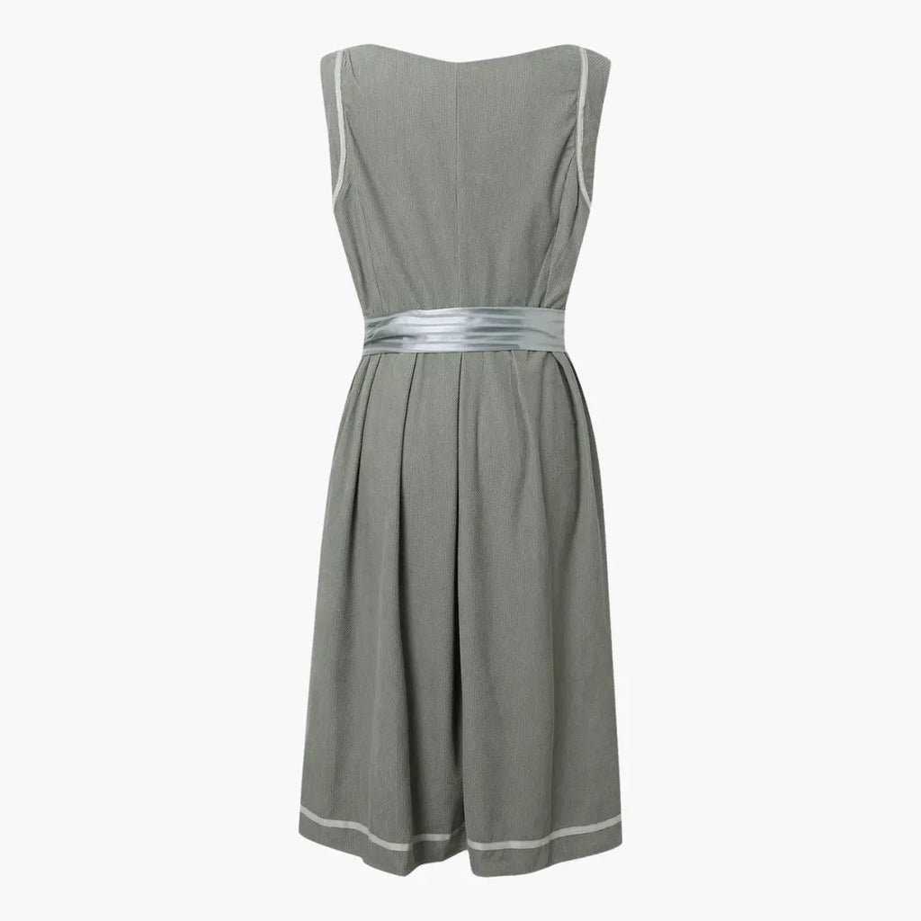 Womenâ€™s Midi Dress with Buttoned Bodice and Bow Waist