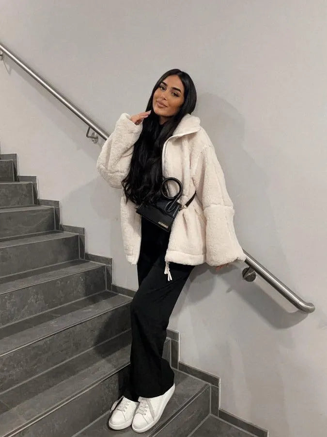 Damen Teddyjacke Warm Oversized Mit Reißverschluss