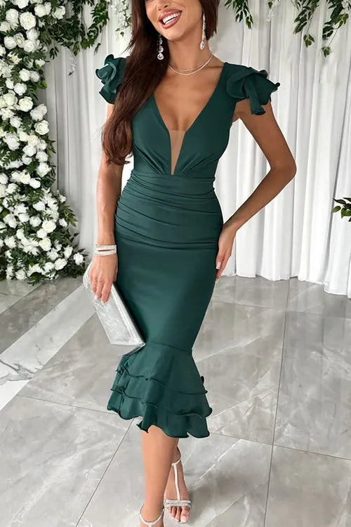 Mesh V Neck Ruched Ruffle Bodycon Midi Party Dress