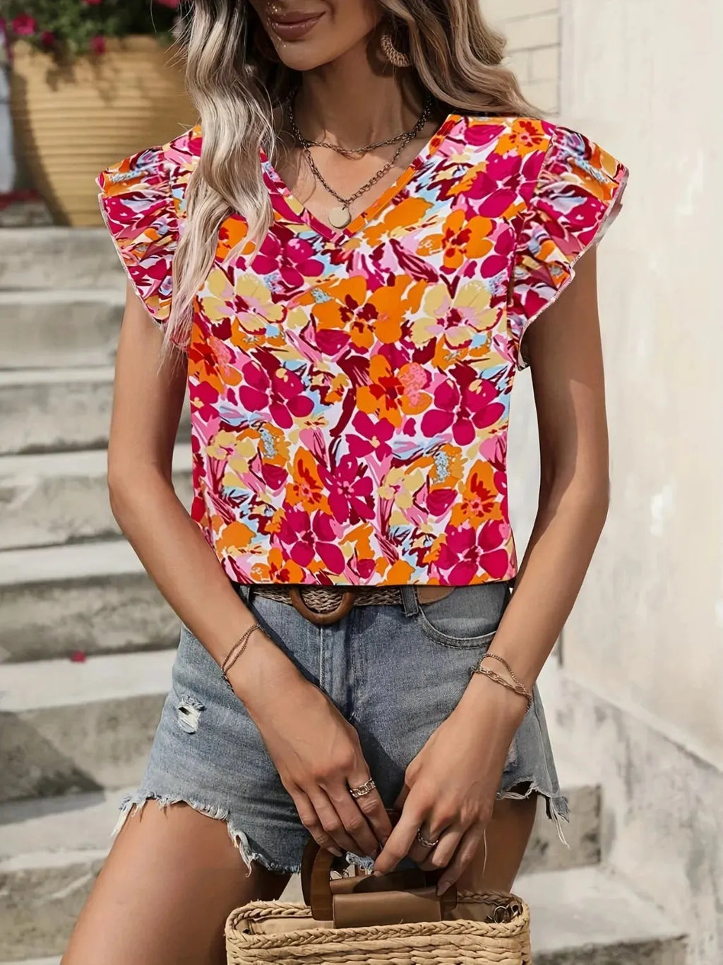 Printed V-Neck Cap Sleeve Blouse