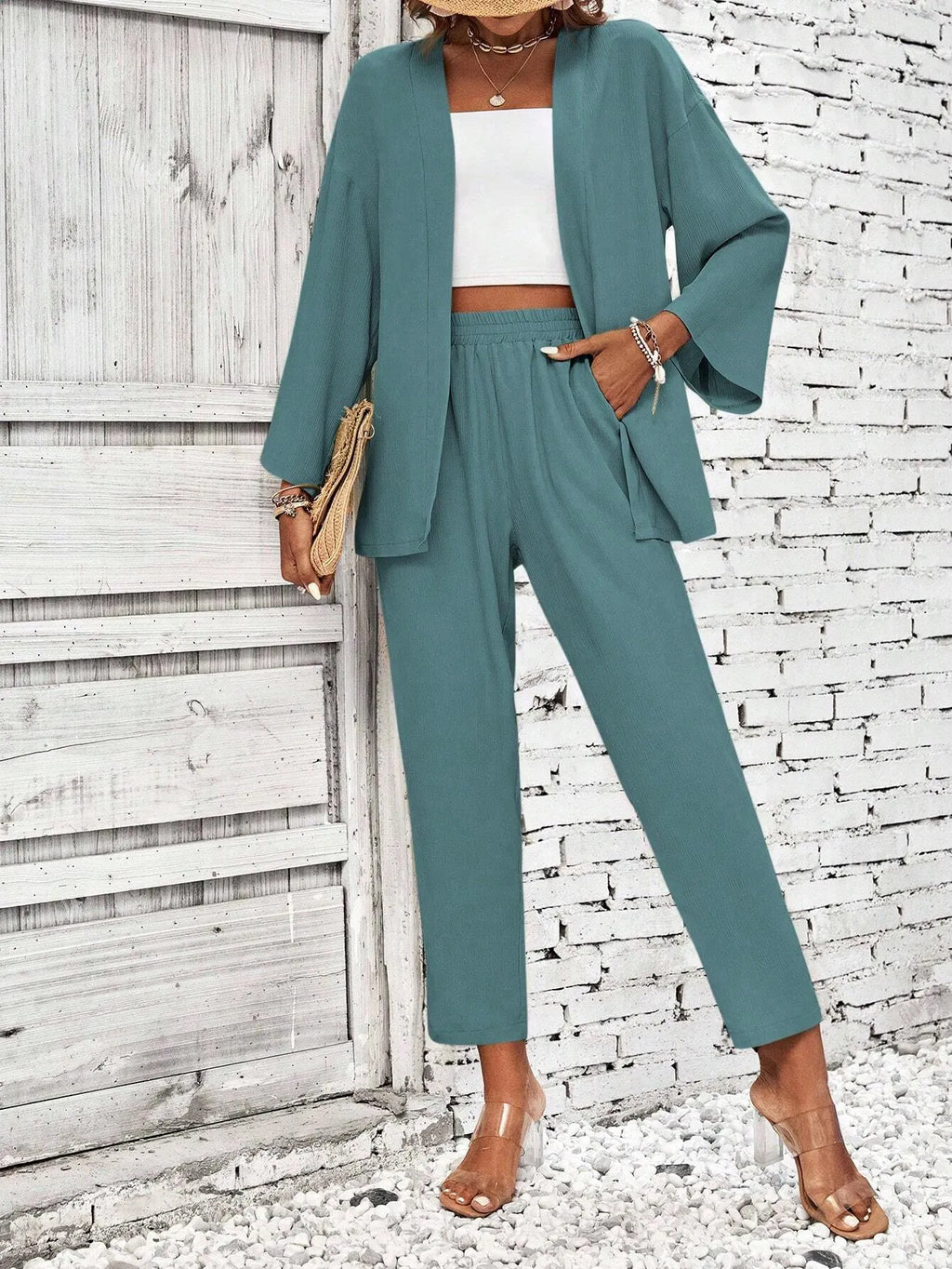 Conjunto Feminino Duas PeÃ§as Com Casaco Aberto Verde