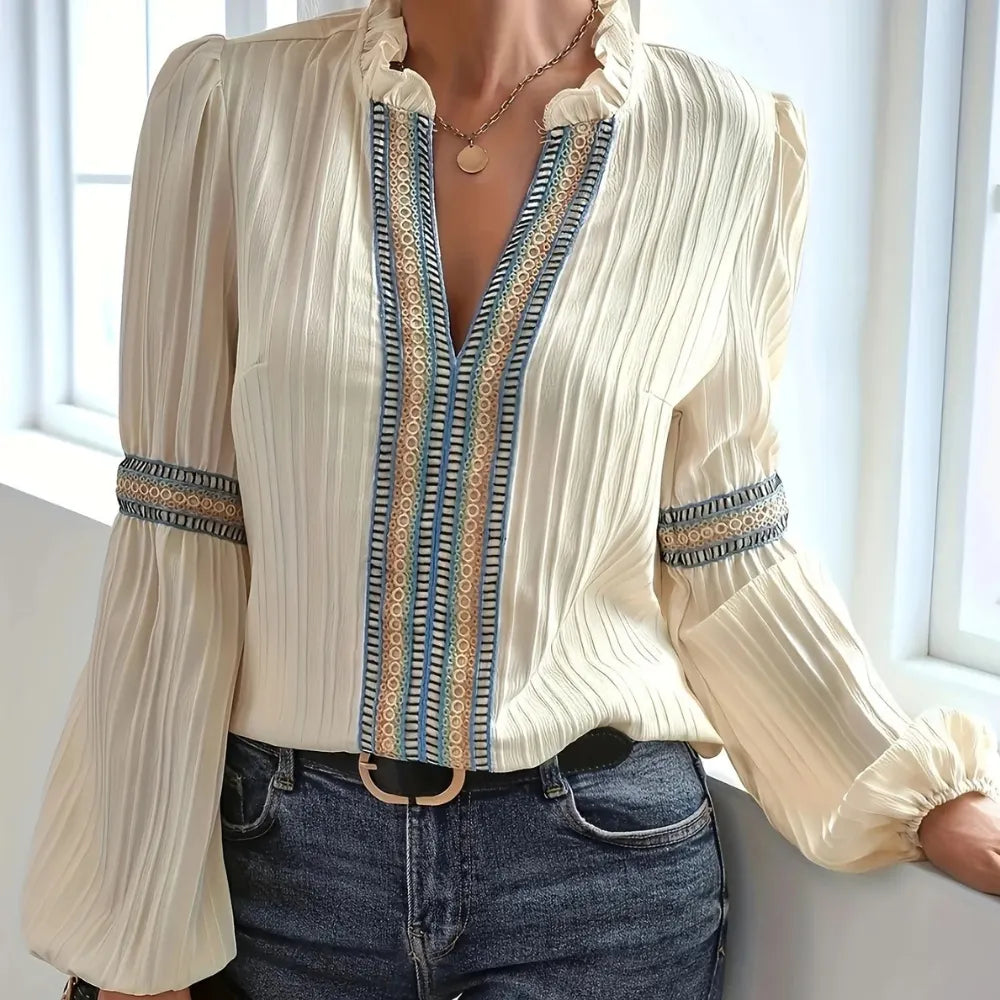 Elegant Beige Women's Bohemian Blouse with Long Sleeves