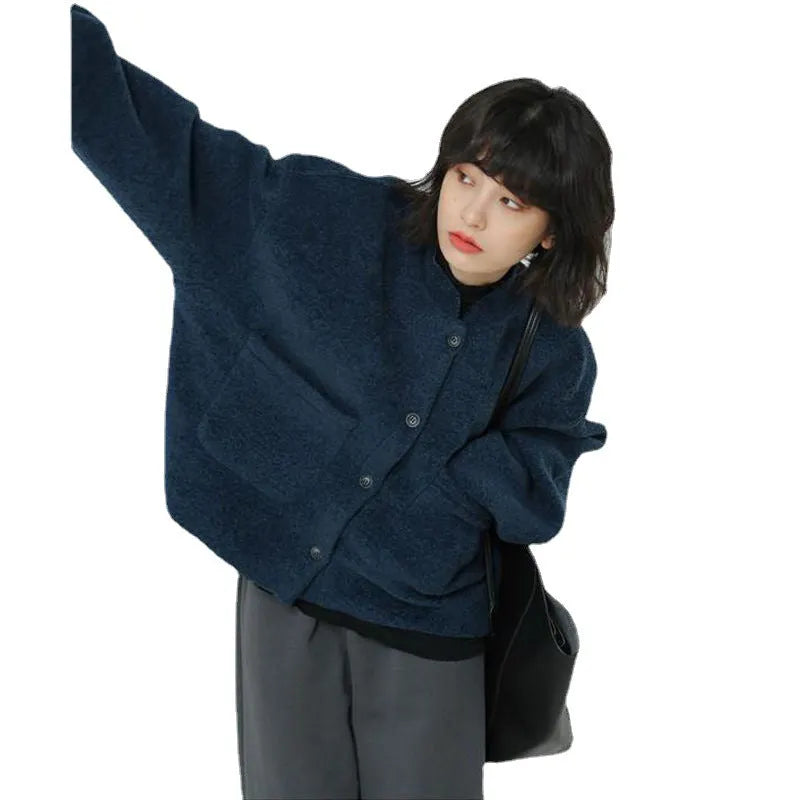 Lässig Lang Ärmel Taschen Blau Jacke