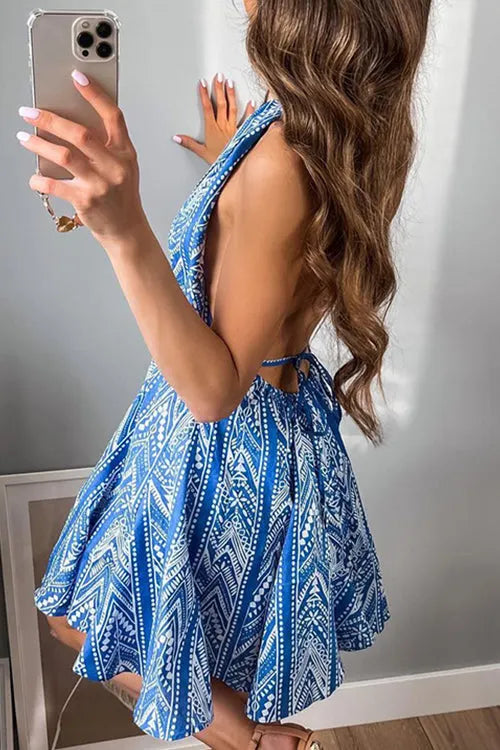 Halter V Neck Open Back Printed Mini Vacation Dress