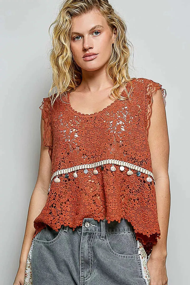 POL Lace Trim Openwork V-Neck Crochet Tank with Scalloped Edge